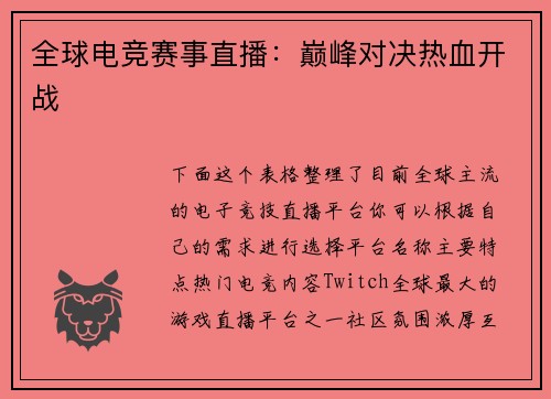全球电竞赛事直播：巅峰对决热血开战